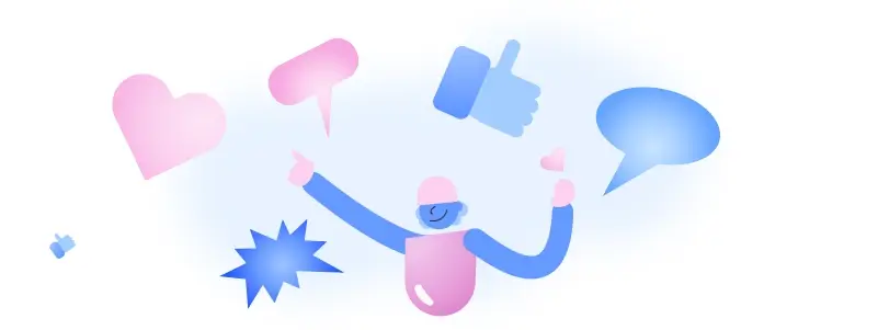 Ilustração de uma pessoa se comunicando através de balões de falas, corações, hashtags, etc